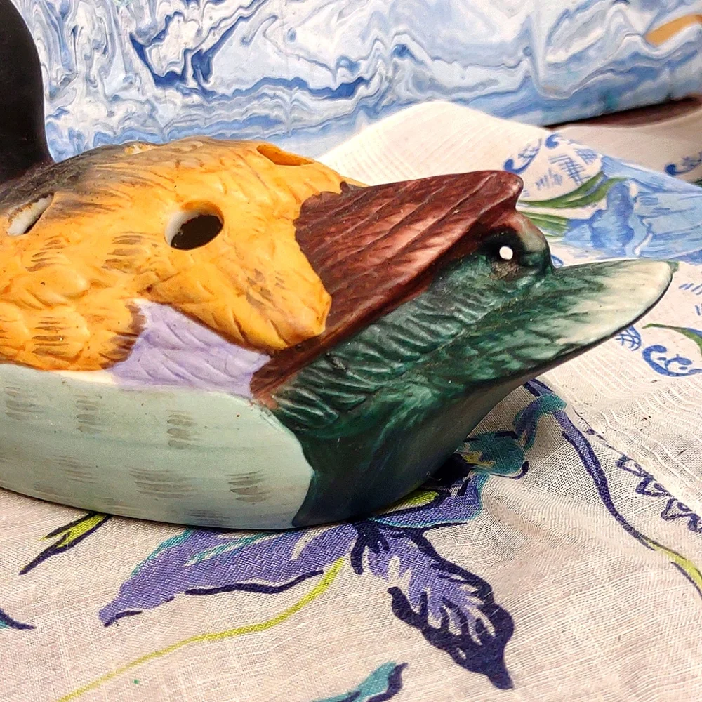 Porcelain Hand Painted Figural Mallard Duck Pencil Holder Vintage